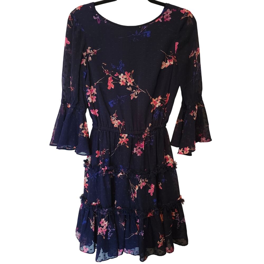 Eliza J Navy Floral Swiss Clip Dot Tiered Ruffle Fit & Flare Dress Size 2
